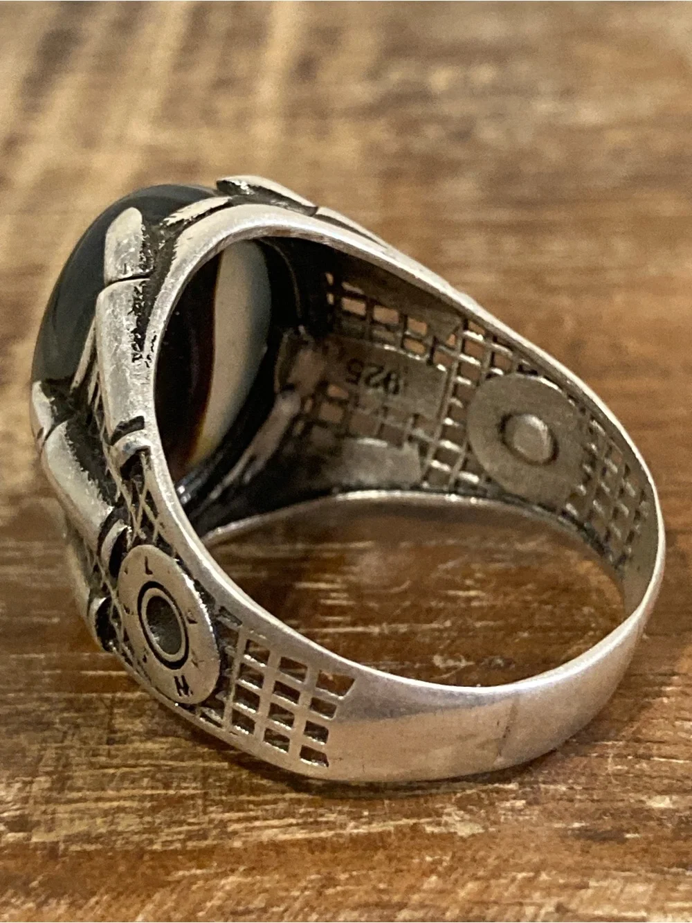 Sterling Silver Men's Statement Ring w/ Brown & Gray Cabochon Stone Dragon Claw